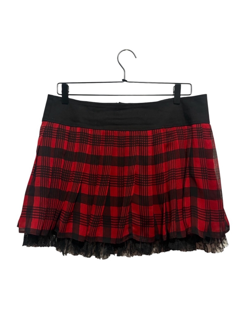Royal Bones Red and Black Plaid Pleated Mini Skirt with Lace Hem